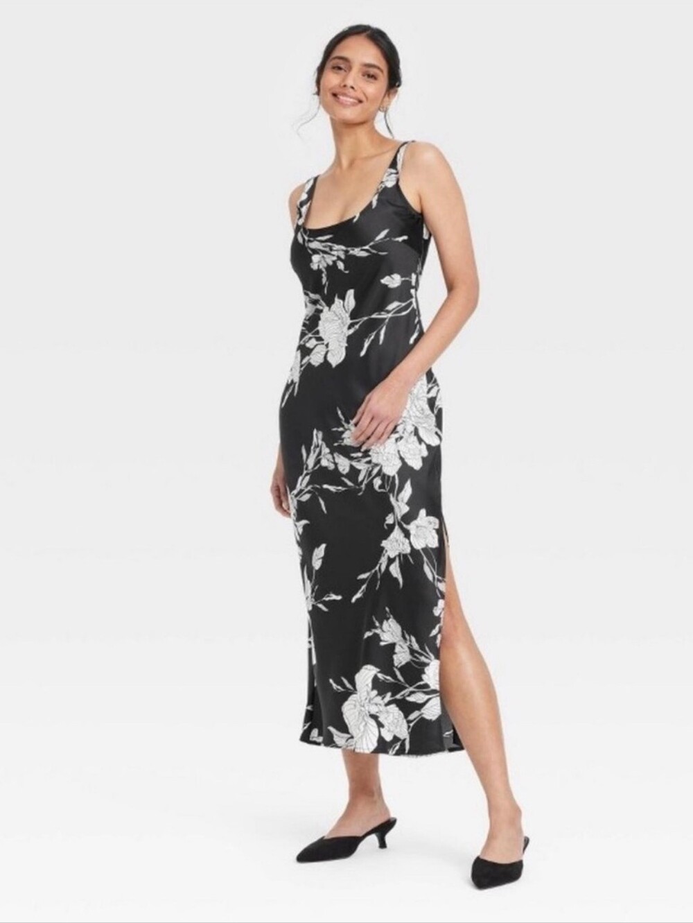 A New Day Black White Floral Sleeveless U Satin Slip Maxi Slit Dress XS